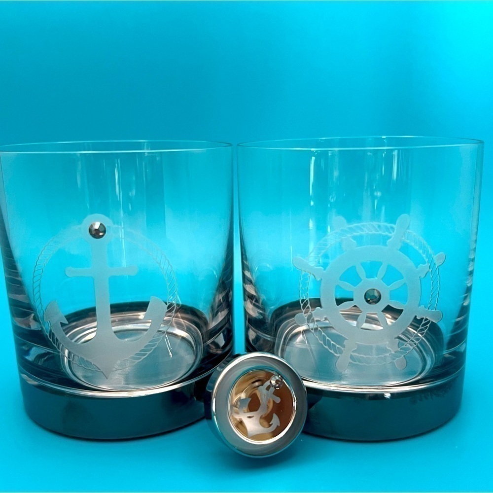Nautical Whiskey Glasses Set–Anchor & Ship Wheel | Preciosa Crystal Barware Gift
